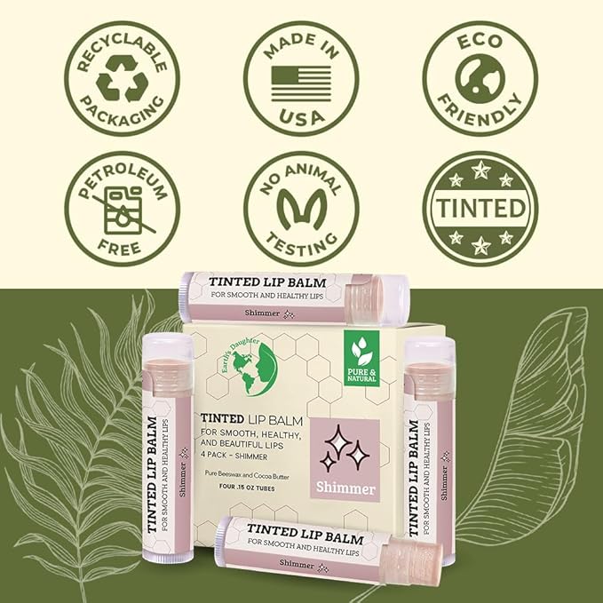 Tinted Lip Balm by Earth’s Daughter – 4 Pack of Shimmer Tint – Beeswax, Coconut Oil, Cocoa Butter, Vitamin E – Moisturize and Beautify – Paraben Free-Velvo Beauty
