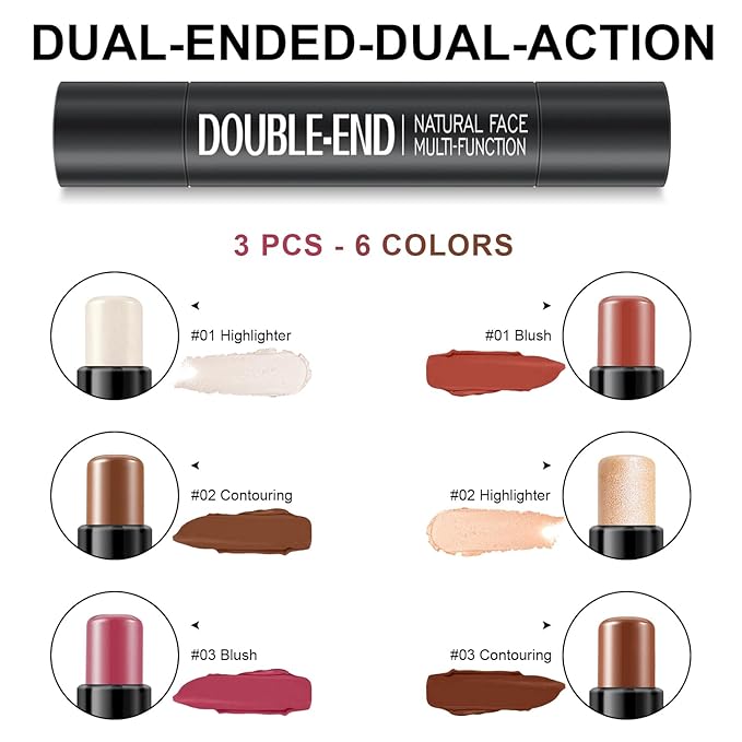 6 Colors Cream Contour Stick Makeup Kit, Shades with Highlighter, Blush and Double-End Bronzer Contour Stick for Sculpt the Cheeks, Long Lasting, Waterproof, Matte & Dewy Finish(SET C)-Velvo Beauty