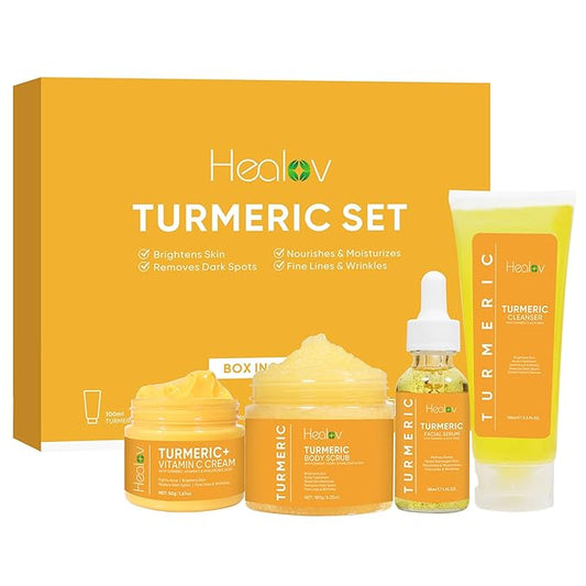 Turmeric Skincare Set - Turmeric Skin Care Products Brightening & Acne - Turmeric Skin Care Kit, Turmeric Skin Care Set - Turmeric Cleanser, Body Scrub, Face Cream & Facial Serum-Velvo Beauty