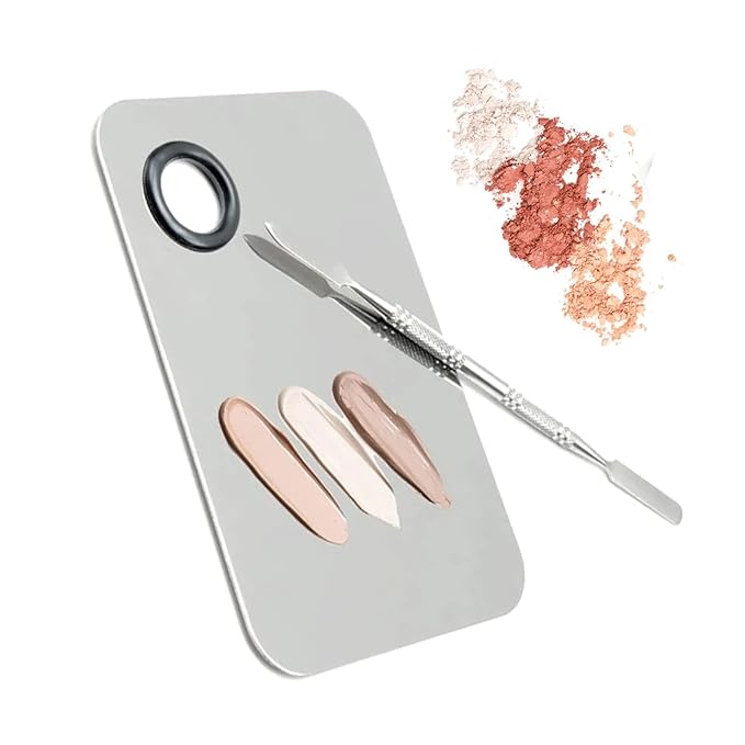 6 in 3 Set Makeup Mixing Palettes, 2 Pcs Stainless Steel Nail Art Palette with 2 Makeup Spatula for Foundation Makeup Tools Eyeshadow Nail Art (4 in 2 Silver Heart Rectangular)-Velvo Beauty