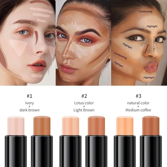 MEICOLY Cream Contour Stick Trio,Bronzer Highlighter Stick,2 in 1 Double Head Facial Repair Concealer Stick,3D Body Makeup Shading Trimming Stick,Smooth Gliding Face Illuminator Makeup,6 Colors-Velvo Beauty