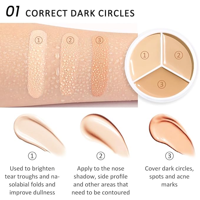 Kaely 2Pcs Tri Color Concealer Pot,Color Correcting Concealer for Dark Circles Spots,Cream Concealer Full Coverage,Foundation Contour Makeup Palettes,under Eye Brightener corrector de ojeras,01-Velvo Beauty