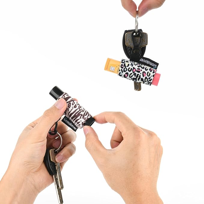 4 Pack Keychain Chapstick Holder, Leopard Pattern - Elastic Band, Fits Most Standard Lip Balm, Quick-Release Clip, Unisex-Adults-Velvo Beauty