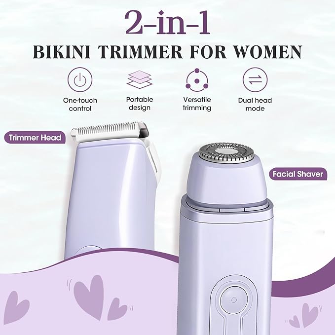 Bikini Trimmer Electric Razors for Women, 2-in-1 Dual-Head Cordless Body Hair Trimmer Facial Hair Removal for Face Lip Chin Pubic Underarm Legs, IPX6 Waterproof, Gifts for Women-Velvo Beauty