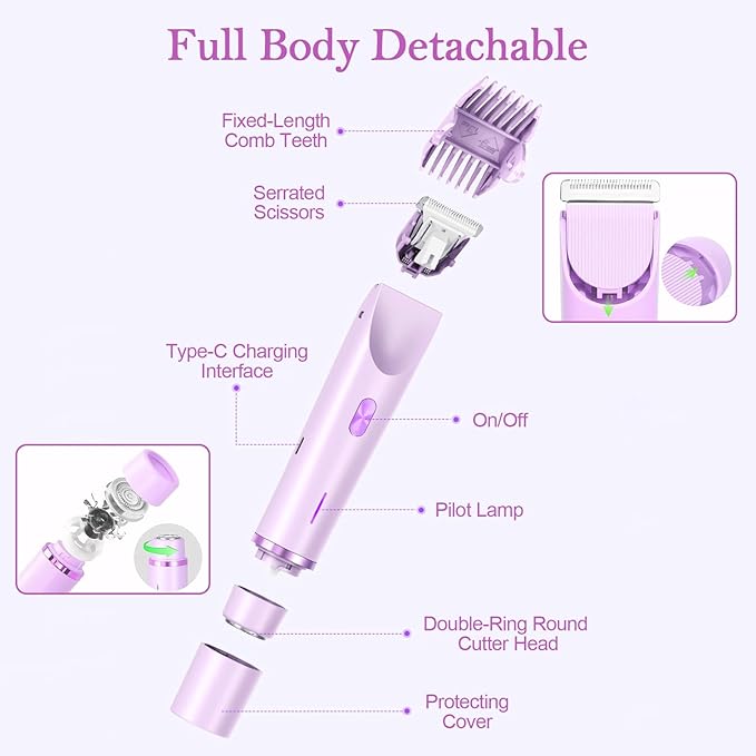 Dermave Bikini Shaver 2.0, 2025 New Glow Aura Bikini Trimmer for Women, 2 in 1 Dual Head Electric Razors for Women, IPX7 Waterproof Wet & Dry Electric Shaver, Portable Body Shaver (Purple)-Velvo Beauty