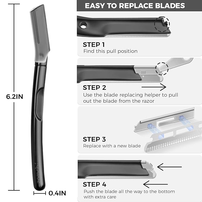 ZOMCHI Dermaplaning Tool for Face with 11 Refill Blades, Dermaplane Razor for Women and Men, Face Razor with Precision Silicone Cover, Eyebrow Razor, Facial Razor, Reusable Metal Handle - Matte Black-Velvo Beauty