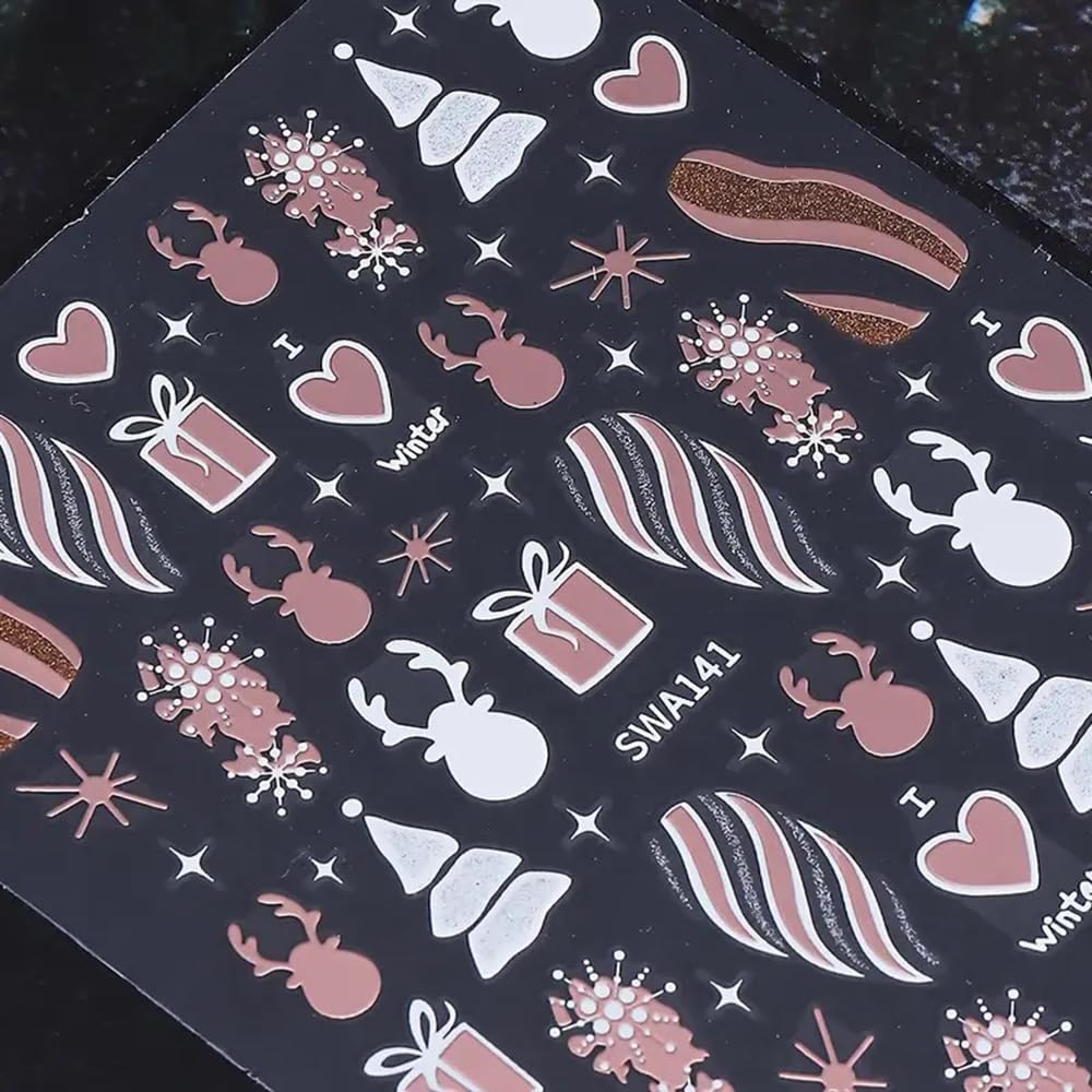 2PCS Christmas Nail Art Stickers, Winter Snowflake Reindeer Nail Stickers Christmas Gift Heart Pattern Self-Adhesive Nail Decals, DIY Nails Art Decoration, Festive Nails Supplies, Xmas Nails Charms-Velvo Beauty