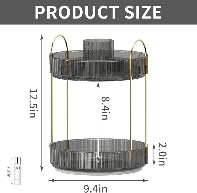 360° Rotating Makeup Organizer, Large-Capacity Skincare Make Up Storage 2 Tier Perfume Organizers Cosmetic Dresser Organizer with Makeup Brush Holder, Fits Bedroom, Bathroom, Vanity Shelf Countertop-Velvo Beauty
