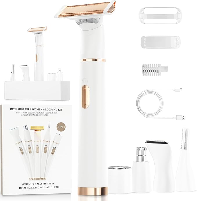Women's 5-in-1 Electric Bikini Trimmer, USB-C Rechargeable Shaver & Trimmer for Body, Face & Nose – Painless Wet & Dry Shave (Keep Device Dry; Remove Blades for Cleaning)-Velvo Beauty