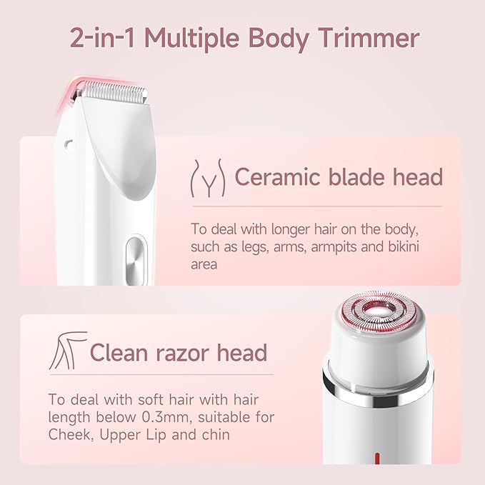 Bikini Trimmer for Women Electric Razors for Women, Double Head Dual Purpose, IPX7 Waterproof Hair Razor, Ceramic Blade Hair Trimmer Wet & Dry Use,Womens Painless Electric Shaver for Facial and Body-Velvo Beauty