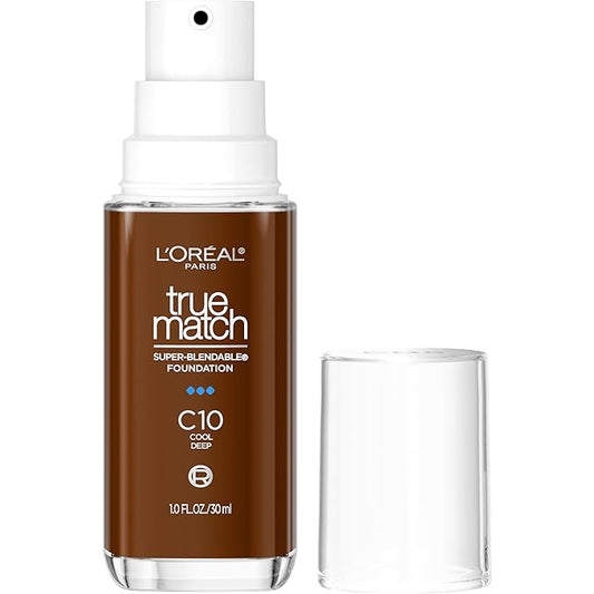 L'Oreal Paris True Match Super-Blendable Foundation, Medium Coverage Liquid Foundation Makeup, C10, Deep, 1 Fl Oz-Velvo Beauty