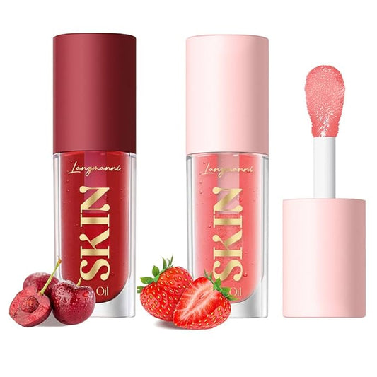 2Pack Big Brush Head Hydrating Lip Glow Oil Plumping Lip Tint, Hydrating Lip Gloss Tinted Lip Balm Transparent Lip Care, Long Lasting Nourishing Non-sticky Fresh Texture (Strawberry + Cherry)-Velvo Beauty