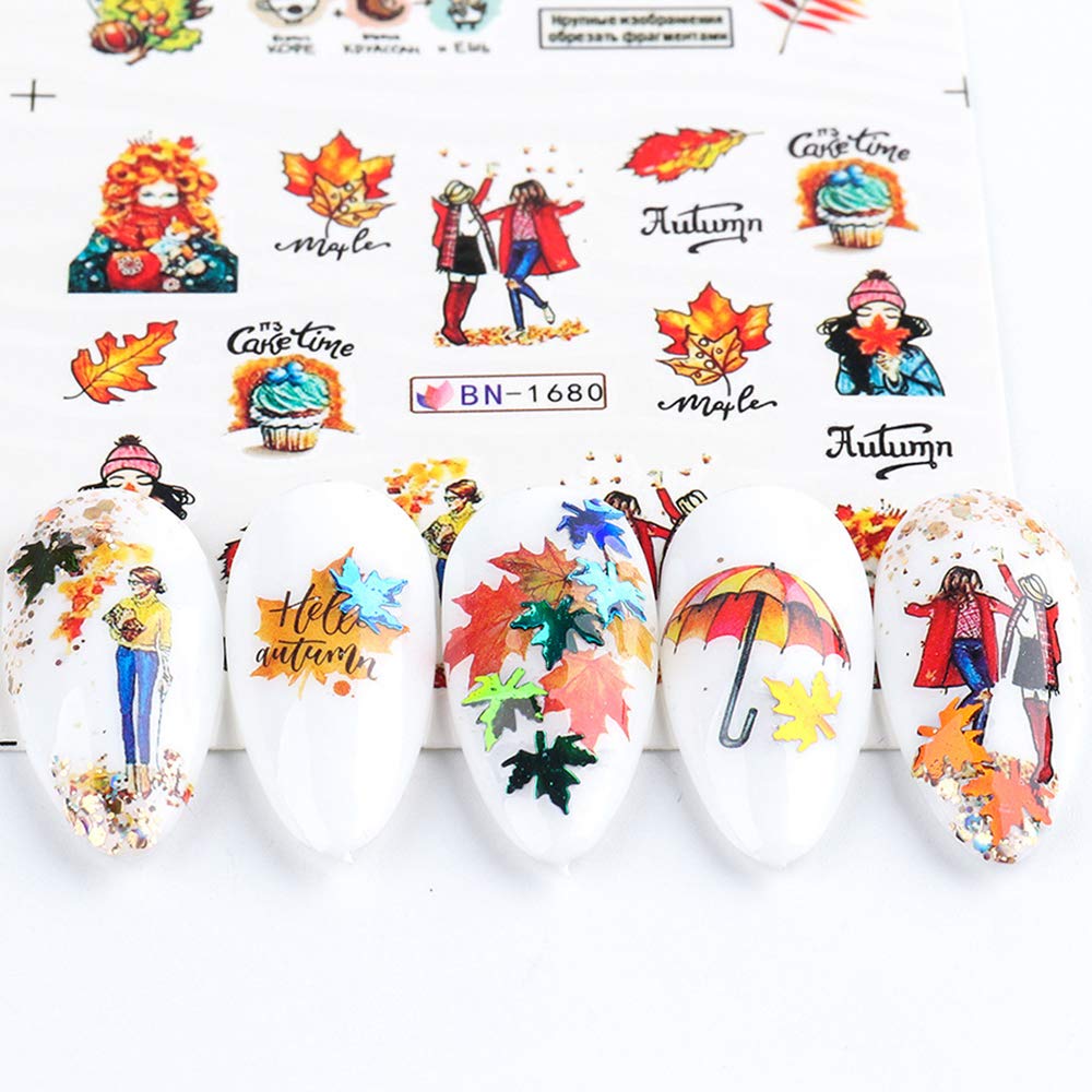 Fall Nail Stickers Autumn Maple Leaf Nail Art Decals Thanksgiving Day Water Decal Transfer Slider Set Turkey Pumpkin Nail Art Foil Stickers Nail Supplies Accessories Decoration Manicure Tips 12 Design-Velvo Beauty