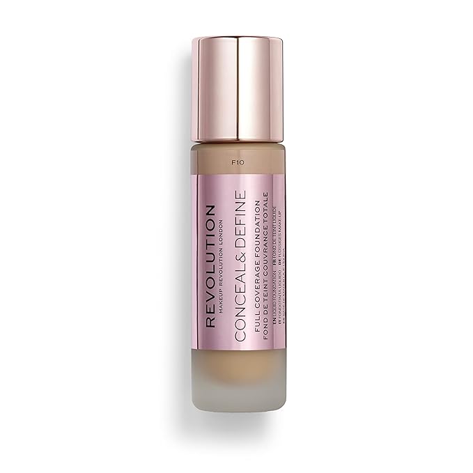 Makeup Revolution Conceal & Define Foundation, Cream Foundation Makeup, Full Coverage, For Medium Skin Tones, Vegan & Cruelty-Free, F10, 23ml-Velvo Beauty