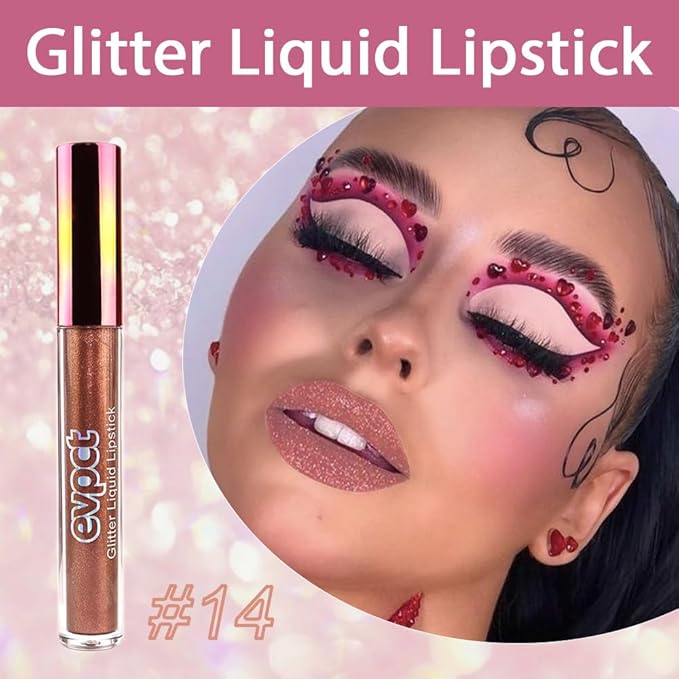 evpct 1Pcs Nude Gold Glitter Metallic Shimmer Diamond Lipstick Lip Gloss Stain Set for Women Long Lasting Waterproof, Nude Brown Sparkle Glitter Matte long Wear Liquid Lipstick Lip Makeup Kit, 14#-Velvo Beauty