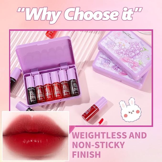 6 Colors Lip Tint Stain Korean Lip Gloss, Matte Velvet Lip Tint Natural Plumping Lip Stain, Multi-Use Lip and Cheek Tint Mini Liquid Lipstick, Long lasting Non-Stick Cup Waterproof, Lip Color Makeup-Velvo Beauty