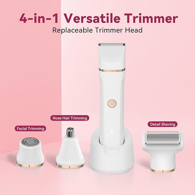 Electric Bikini Trimmer for Women - 4 in 1 Electric Razors for Women, Waterproof Pubic Hair Trimmers and Facial Hair Remover, Replaceable Shaver & Nose Hair Trimmer, Rechargeable Women's Grooming Kit-Velvo Beauty