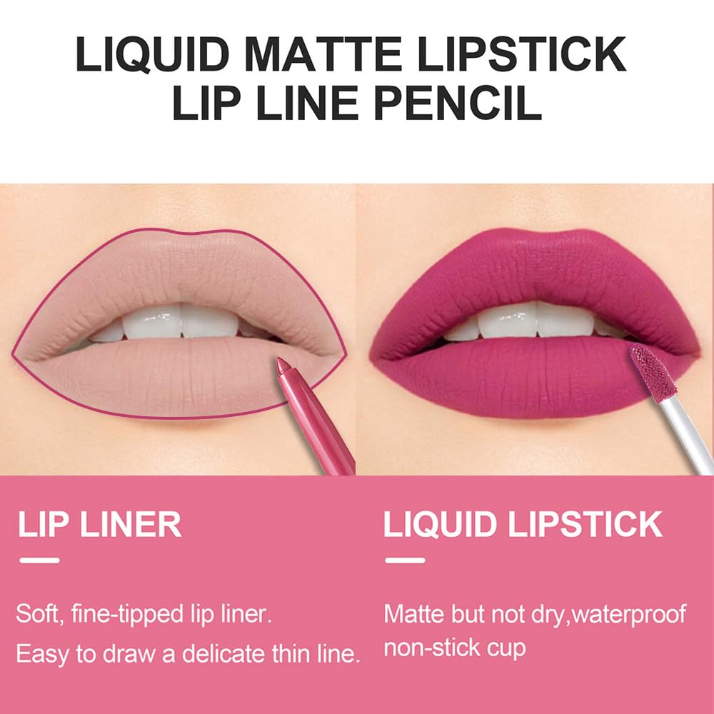 evpct 2Pcs Rose Matte Lip Liner and Lipstick Gloss Stains Makeup Set Kit for Women Long Lasting Waterproof 24, Rose Red Matte Lipstick Kit with Lip Liner, 24 Hour Lipsticks Pencils-Velvo Beauty