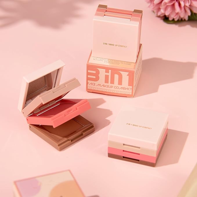 3 in 1 Contour Highlighter Blush Makeup Palette, Shimmer Matte 3 Colors Pigmented Brighten Highlighting Bronzer Blusher Eyeshadow Pallet, Long Lasting Shaping Full Face Eyes Makeup kit with Mirror-Velvo Beauty