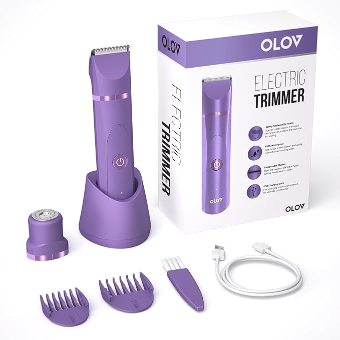 OLOV Electric Body Hair Trimmer - Groin Trimmer for Men - Bikini Trimmer Women - Wet/Dry Shaver Groomer, Replaceable Ceramic Blade Heads, USB Recharge Dock, Waterproof Hygiene Razor, Bright Purple-Velvo Beauty