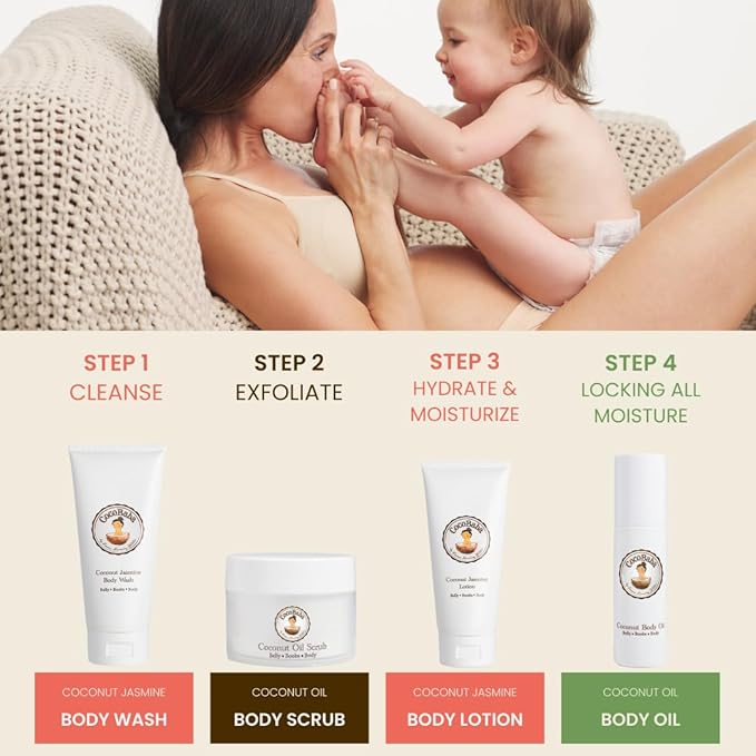 Cocobaba Stretch Mark Relief Set - Belly oil for pregnancy care package | Stretch Mark Cream for Pregnancy | Body wash | Body scrub | First time mom gift | Pregnancy Must have-Velvo Beauty
