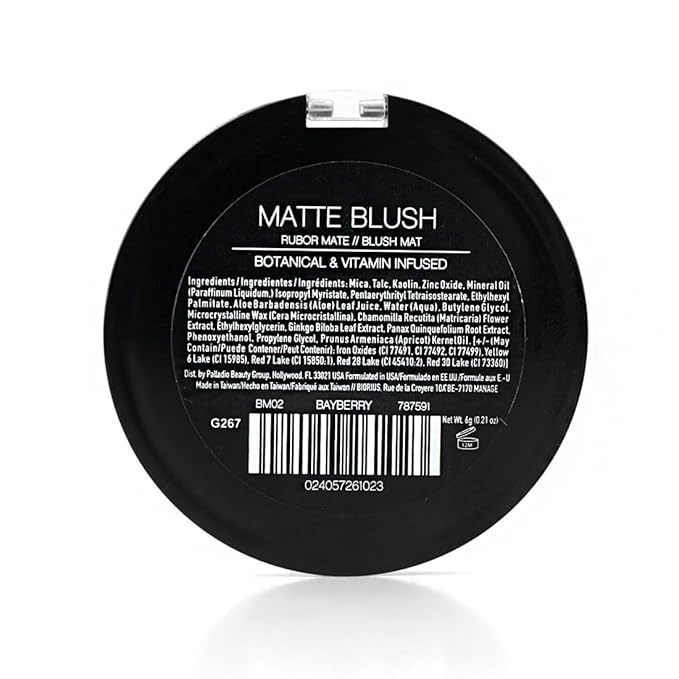 Palladio Matte Blush, Brushes onto Cheeks Smoothly, Soft Matte Look and Even Finish, Flawless Velvety Coverage, Effortless Blending Makeup, Flatters the Face, Convenient Compact, Bayberry-Velvo Beauty