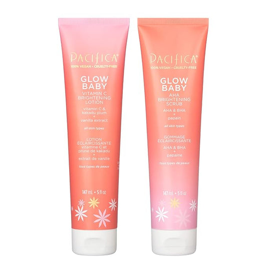 Pacifica Glow Baby Body Lotion & AHA Scrub Set – Brightening Vitamin C Body Lotion (5 oz) + AHA Exfoliating Body Scrub, 2-Step Radiance Duo for Smooth Glowing Skin, Vegan-Velvo Beauty