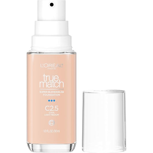 L'Oreal Paris True Match Super-Blendable Foundation, Medium Coverage Liquid Foundation Makeup, C2.5, Light Medium, 1 Fl Oz-Velvo Beauty