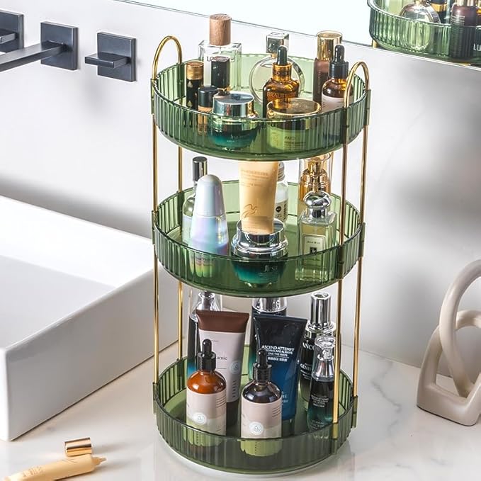 Makeup Organizer for Vanity, 360° Rotating Bathroom Organizer Countertop, High-Capacity Skincare Organizer, Spinning Cosmetics Organizer for Dresser Countertop (3 Tiers, Green)-Velvo Beauty