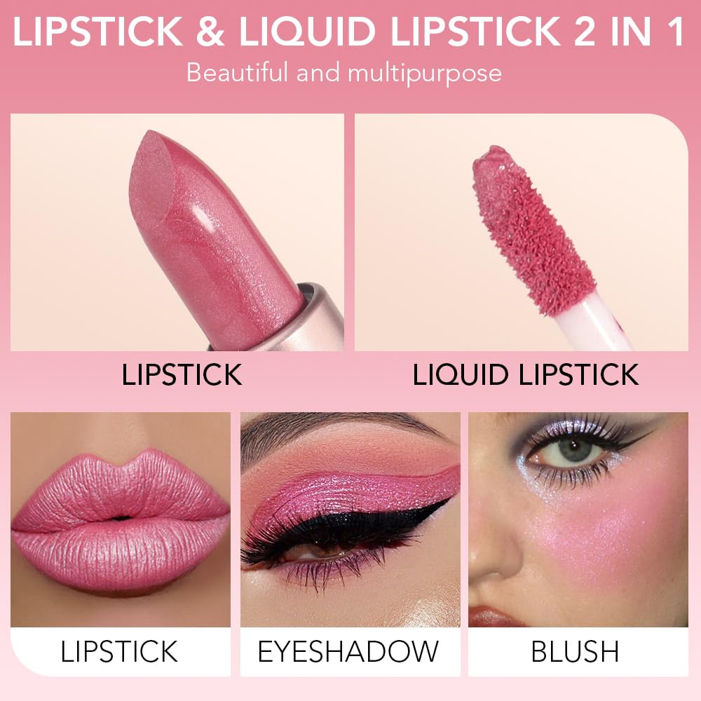 evpct 2 in 1 Rose Pink Glitter Metallic Shimmer Diamond Lipstick and Lip Gloss Set for Women Long Lasting Waterproof, Baby Nude Pink Sparkle Glitter Shiny Lipstick and Lip Liner Makeup Set, 06#-Velvo Beauty