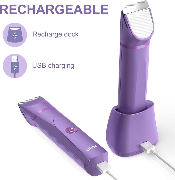 OLOV Electric Body Hair Trimmer - Groin Trimmer for Men - Bikini Trimmer Women - Wet/Dry Shaver Groomer, Replaceable Ceramic Blade Heads, USB Recharge Dock, Waterproof Hygiene Razor, Bright Purple-Velvo Beauty