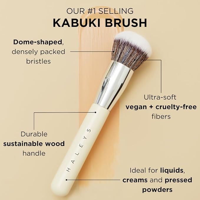 HALEYS Kabuki Makeup Brush VEGAN+CRUELTY-FREE, Sustainable Wood, Vegan Bristles for Airbrushed Finish, For Creams, Liquids, Powder, Streak-free, Perfect Blending, Buffs, Blurs, Smooths with Control-Velvo Beauty