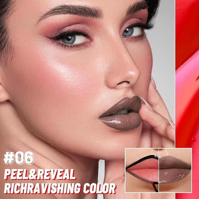 Lip Stain Peel Off Lip Gloss oil Dual-Ended Combo, Brown Lips Liner Stain Peel Off Tattoo, Long Lasting & Waterproof, Transfer-Proof Lip Tint Stain with Lip oil for All Skin Type 06#-Velvo Beauty