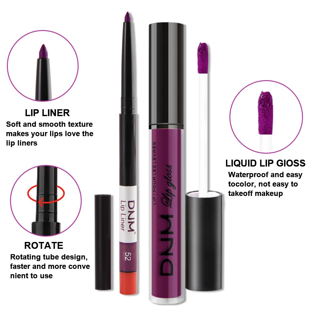 evpct 2Pcs Purple Matte Liquid Lipstick Lip Gloss Stain and Retractable Lip Liner Makeup Set for Women Long Lasting Waterproof 24 Hours Permanent Lipstick labial mate larga duracion 24 52#-Velvo Beauty