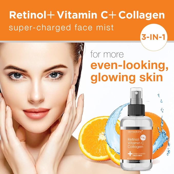 3 in 1 Super-Charged Anti-Aging Face Mist w/Retinol, Vitamin C + Collagen | Hydrates, Refreshes & Brightens for a More Glowing Complexion | 4 fl oz, 120 ml-Velvo Beauty