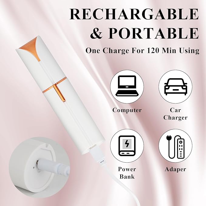 Facial Hair Removal for Women Men,Electric Painless Hair Removal Device Included 2 x Replacement Heads,USB Rechargeable Lady Womens Face Shaver with LED Light for Lip,Chin,Arms (White)-Velvo Beauty