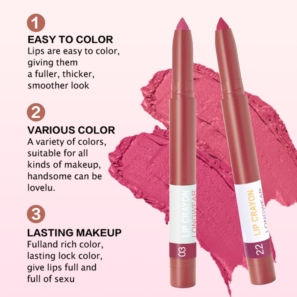BINGBRUSH Matte Lip Crayon Set – Longwear, Waterproof, Velvet Finish, Built-in Sharpener, Smooth Lip Liner & Gloss (03#+22#, 2 Count (Pack of 1))-Velvo Beauty