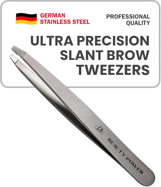 Professional Tweezers - Slant, Durable Lightweight German Stainless Steel, Ultra Precision Tweezers for Eyebrows, Facial Hair, Chin, and Ingrown Hair Removal - Gift (Matte Gray)-Velvo Beauty