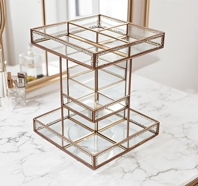 Vintage Glow Antique 360 Degree Rotating Makeup Organizer,4-Tier Spinning Perfume Tray,Countertop Cosmetic Storage,Glass Beauty Display,Retro Large Capacity Vanity Organizer for Brushes Skincare-Velvo Beauty