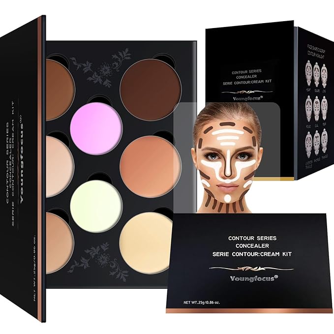 Youngfocus Cosmetics Cream Contour Best 8 Colors and Highlighting Makeup Kit - Contouring Foundation/Concealer Palette - Vegan & Cruelty Free - Step-by-Step Instructions Included-Velvo Beauty