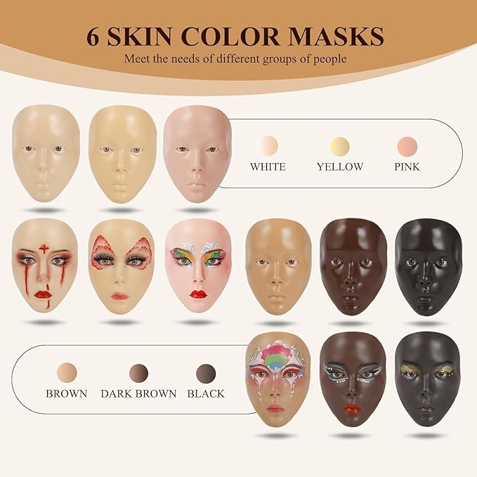 Make Up Practice Face, Face Painting Mannequin Head with Stand, 5D Reusable Silicone Face Practice Board, Mannequin Head for Makeup with Makeup Kit, Practice Face for Makeup Artist & Beginner, Brown-Velvo Beauty