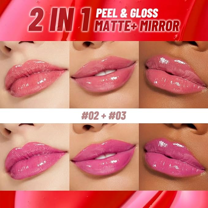 2Pcs Lip Stain Peel Off Lip Gloss oil Dual-Ended Combo, Lips Liner Stain Peel Off Masque, Long Lasting & Waterproof, Transfer-Proof Lip Tint Stain with Lip oil for All Skin Type 02#+03#-Velvo Beauty