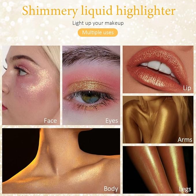 evpct Gold Highlighter Makeup Liquid, Gold Glitter Iridescent Face Festival Highlighter Makeup Waterproof Long Lasting Halographic Shimmer Shimmery Body Highlighter Makeup Palette Stick Illuminators-Velvo Beauty