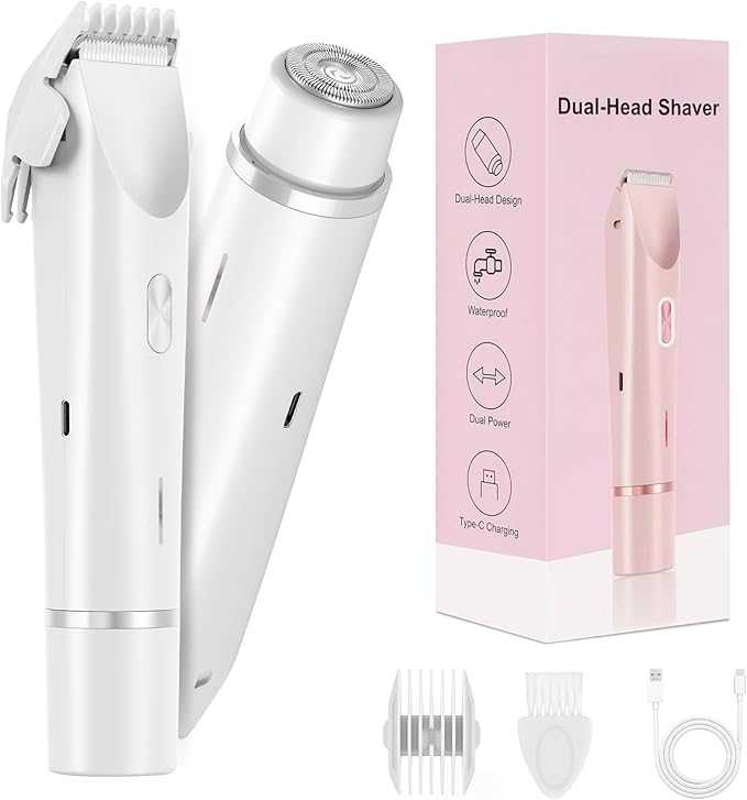 Bikini Trimmer for Women-2 in 1 Electric Razors for Women,USB Rechargeable Bikini Electric Shaver,IPX7 Waterproof Dry & Wet Use Body Hair Trimmer and Facial Hair Remover for Underarm Leg Body,White-Velvo Beauty