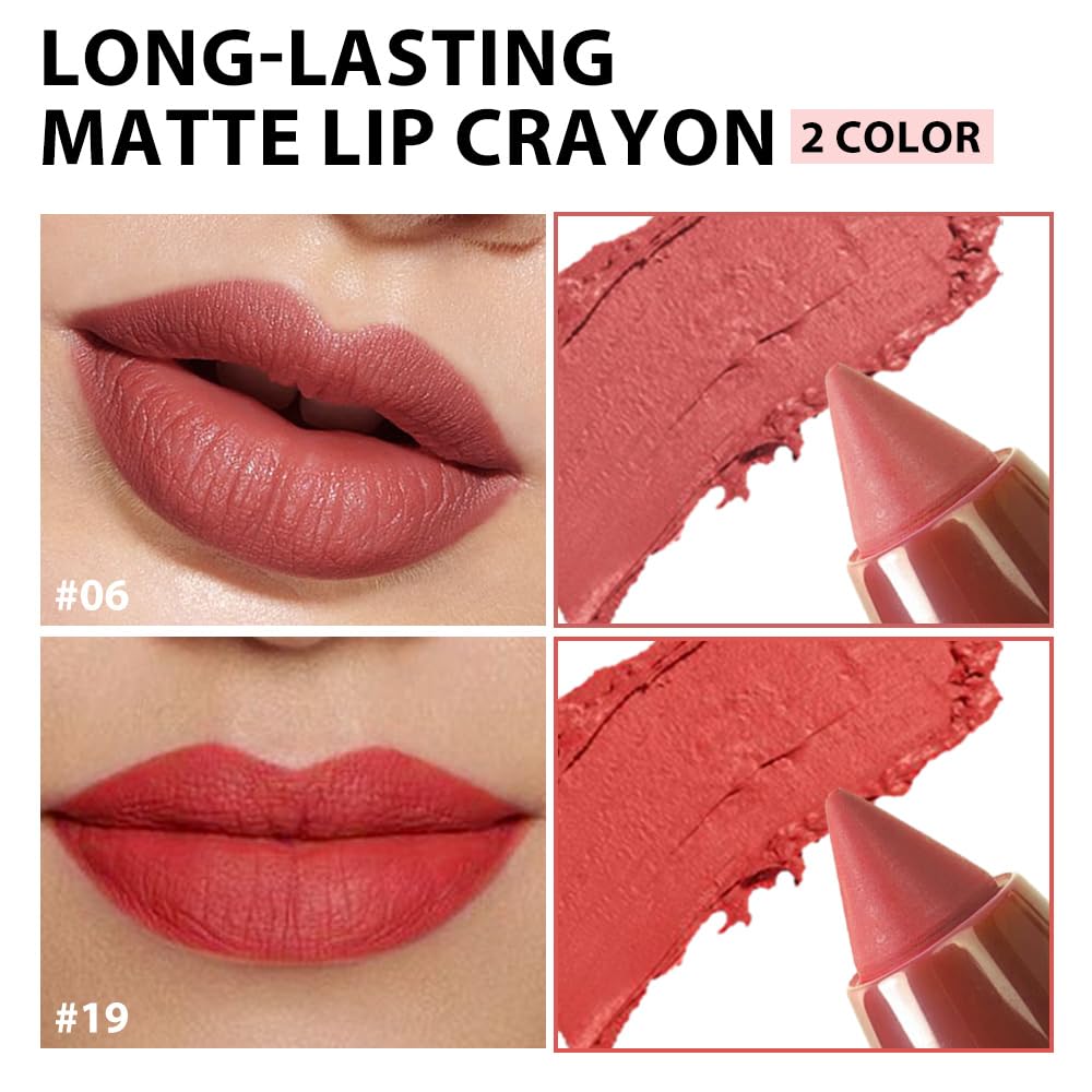 BINGBRUSH Matte Lip Crayon Set – Longwear, Waterproof, Velvet Finish, Built-in Sharpener, Smooth Lip Liner & Gloss (06#+19#, 2 Count (Pack of 1))-Velvo Beauty