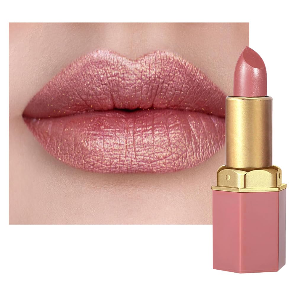 Nude Metallic Lipstick Lip Gloss for Women,Lightweight Shimmer Frosted Long Lasting Lipstick,Glitter Lip Stain Waterproof Smudge Proof 24 Hour Full Coverage Lip Makeup,Vegan-Velvo Beauty