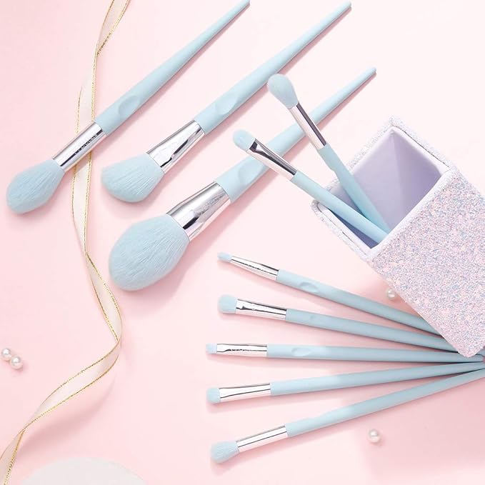 DUcare Makeup Brushes with Holder - 10Pcs Professional Synthetic Make Up Brushes Set for Blush Concealer Foundation Bronzer Powder Eyebrow Contour Eyeshadow Blending Makeup Brush Set, Ice Lake Blue-Velvo Beauty
