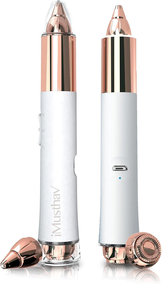 2-in-1 Portable Rechargeable Painless Eyebrow Trimmer & Facial Hair Remover, removes Eyebrow, face, Lips and Body Hair for Women. 18K Gold Plated Hypoallergenic Heads, 360° LED Light for Hair Remover-Velvo Beauty