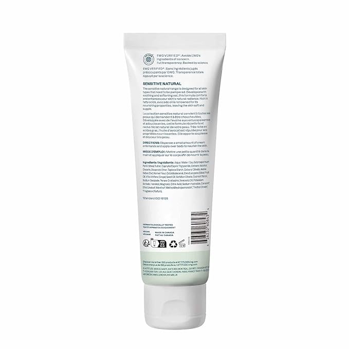 ATTITUDE Body Cream for Sensitive Skin with Oat, EWG Verified, Dermatologically Tested, Vegan, Avocado Oil, 8 Fl Oz-Velvo Beauty