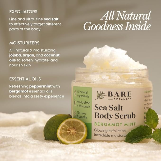 Bare Botanics Bergamot Mint Body Scrub 24oz | Made in Madison, WI | All Natural Sea Salt Exfoliator w/ Skin Loving Moisturizers | Vegan & Cruelty Free | Gift Ready Packaging w/ a Cute Wooden Spoon-Velvo Beauty